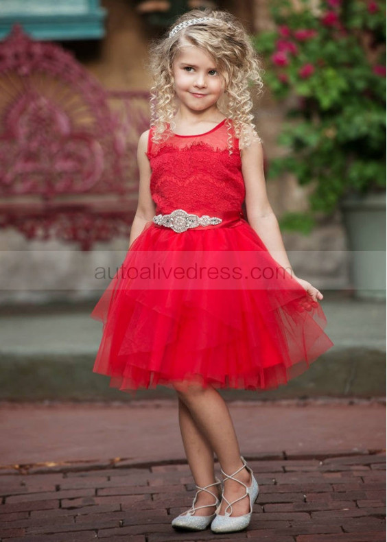 Red Lace Tulle Flower Girl Dress Kids Tutu Dress